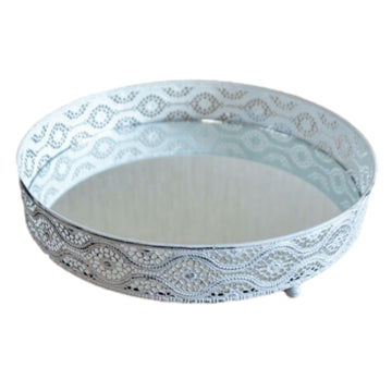 Medium White Metal Distressed Mirrored Candle Tray