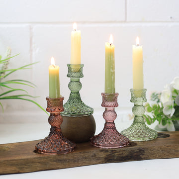 4Pcs Assorted Colours Diamond Cut Glass Candle Holders