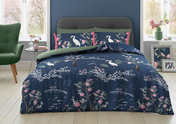 Japanese Garden Duvet Cover Set, King, Navy Blue & Green