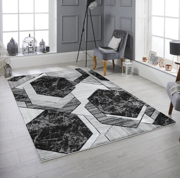 Geometric Marble Large Rug, Light Grey & Black, 160x230cm