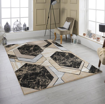 Geometric Marble Large Rug, Black, Grey & Beige, 160x230cm