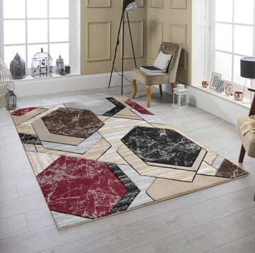 Geometric Marble Large Rug, Red, Black & Beige, 160x230cm