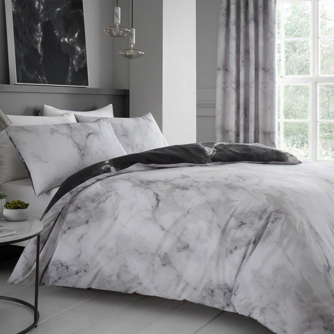 Marble Grey White Double Duvet Cover Set