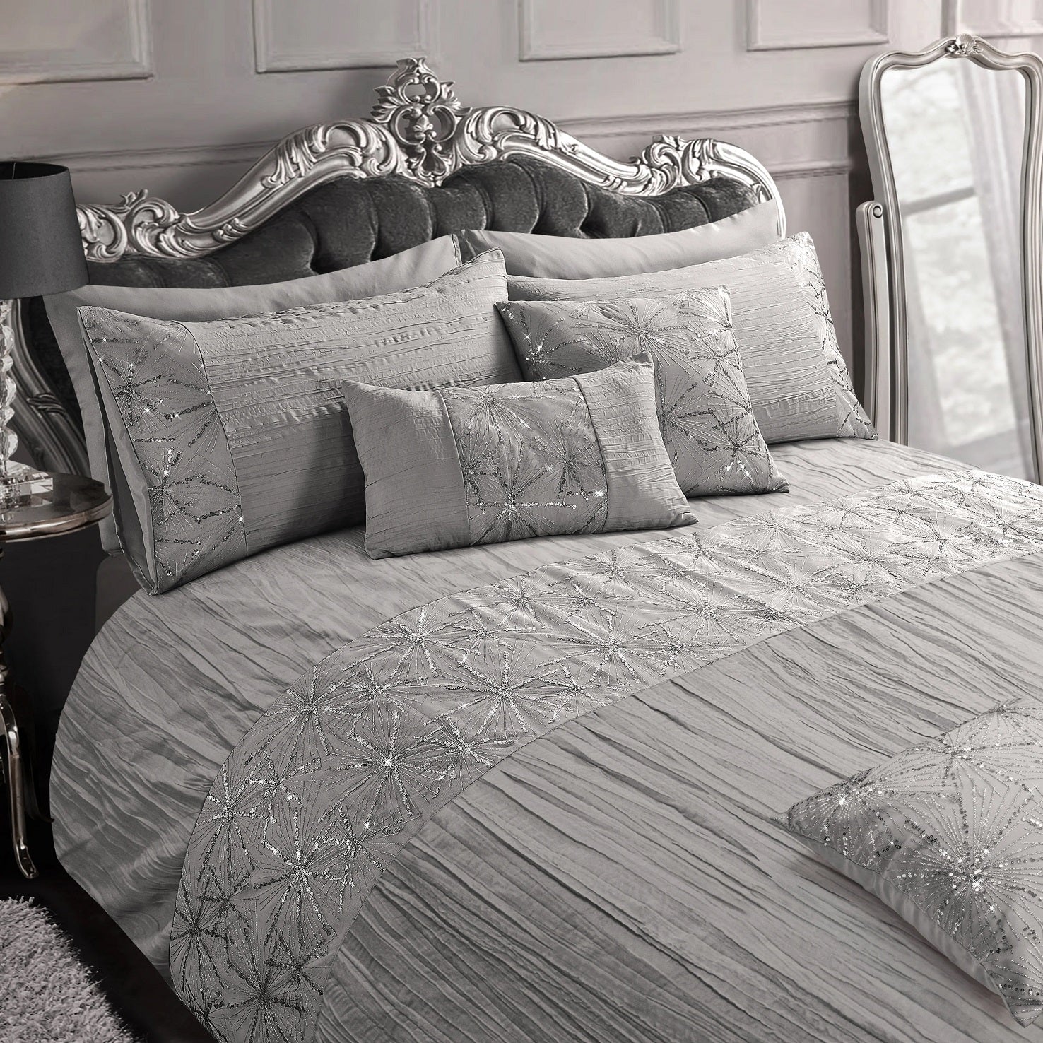 Luxury Sparkle Shimmer Sequin Duvet Cover Set, King, Silver Grey