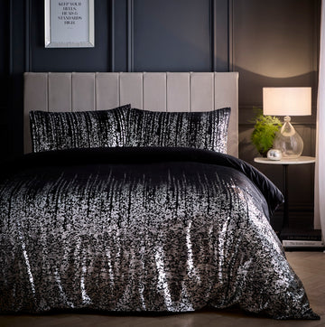 Soft Velvet Silver Foil Duvet Cover Set, Double, Black