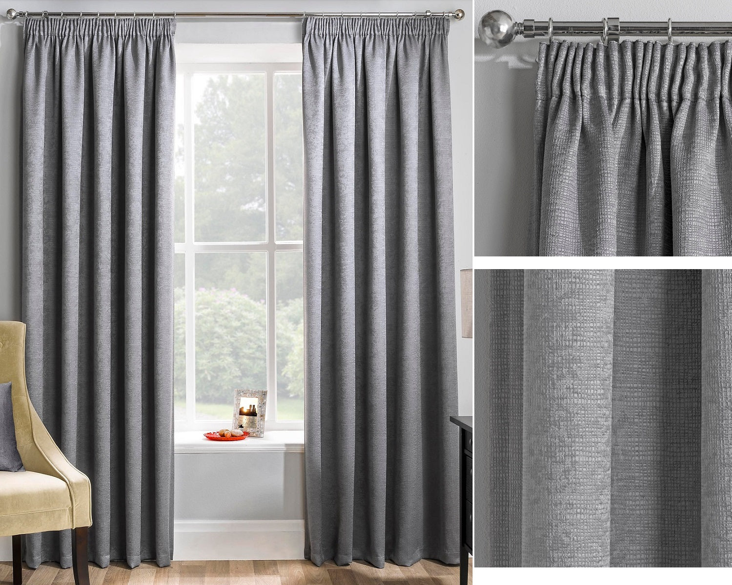 90x108" Grey Matrix Textured Pencil Pleat Curtains