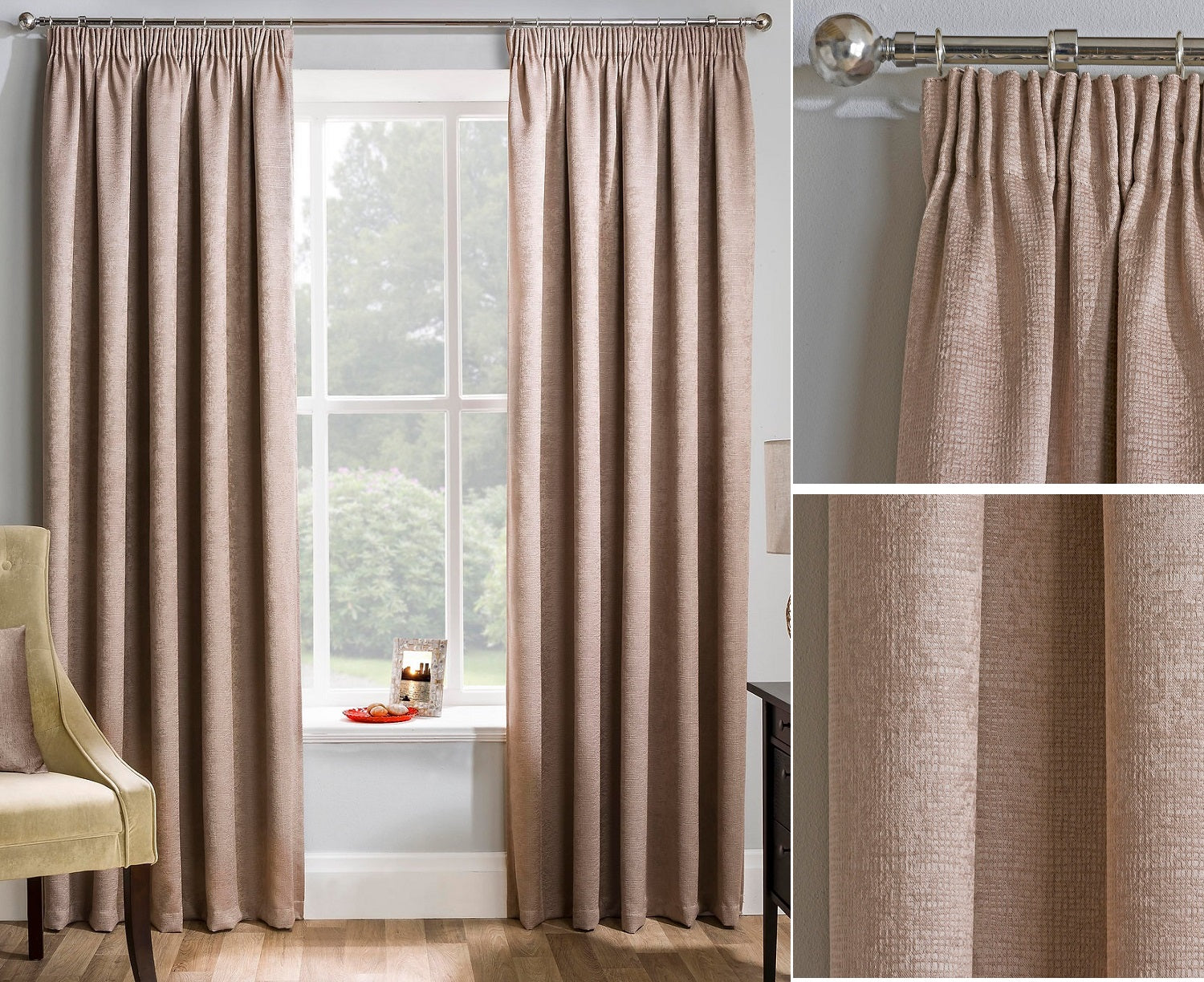 66x90" Latte Matrix Textured Pencil Pleat Curtains