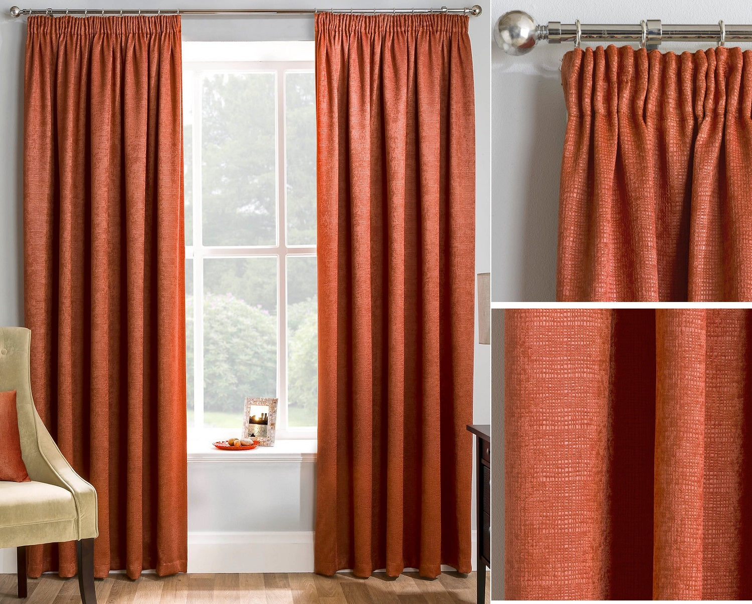 90x90" Orange Matrix Textured Pencil Pleat Curtains