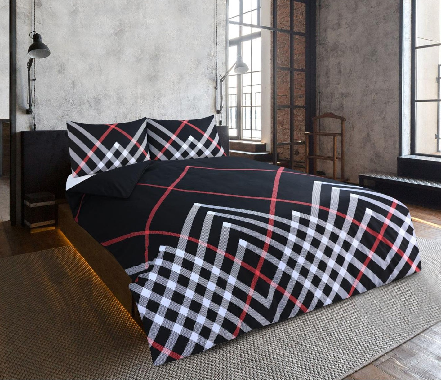 Geometric Geo Duvet Cover Set, King, Black, Red & White