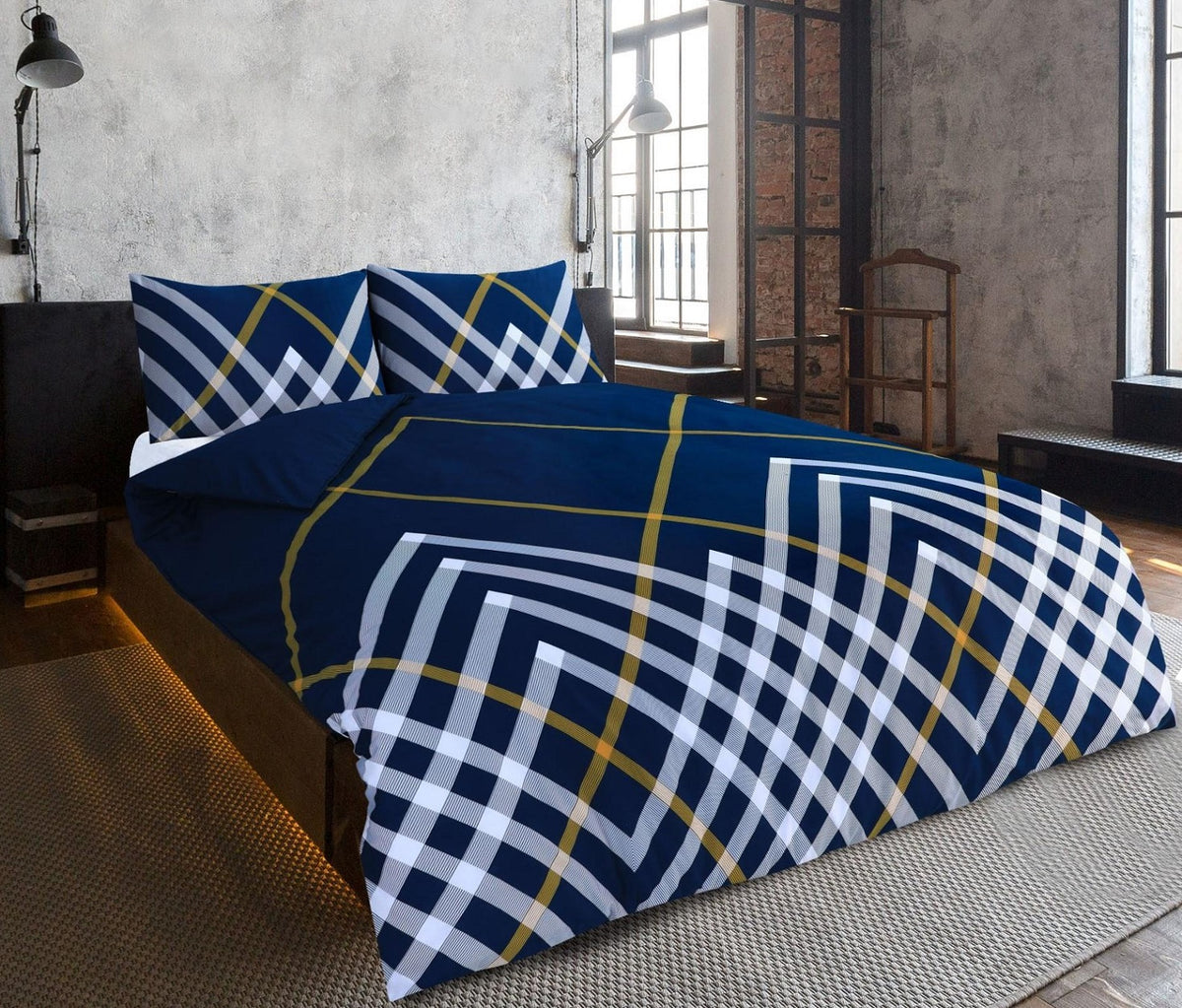 Geometric Geo Duvet Cover Set, King, Navy, Ochre & White