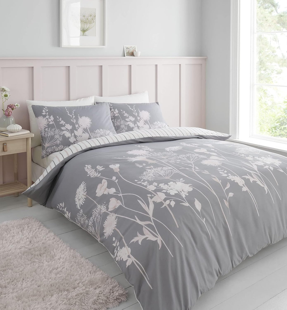 Catherine Lansfield Meadow Sweet Floral Duvet Cover Set, Double, Pink & Grey