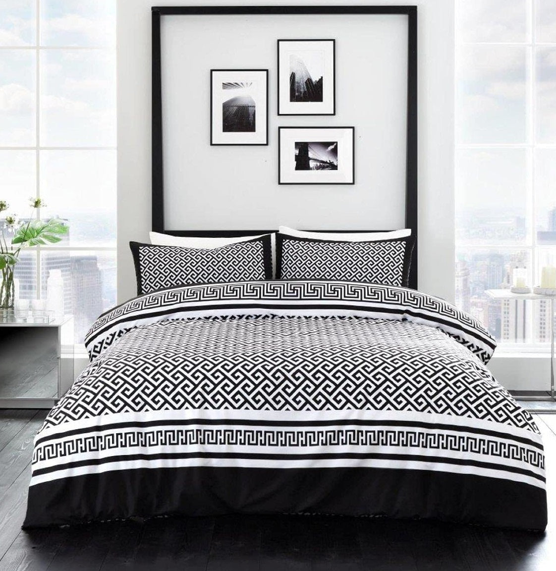 Greek Keys Duvet Cover Set Meander Black & White Double