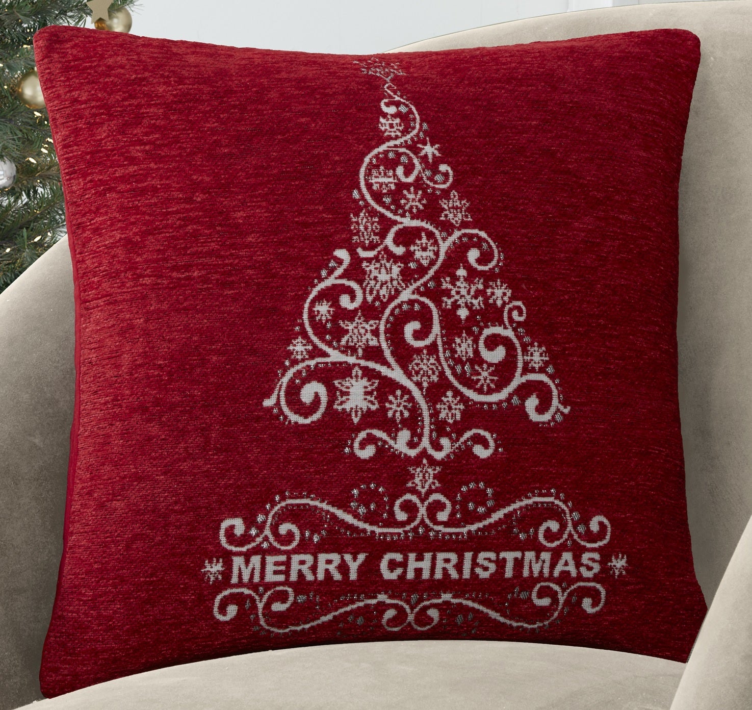 Merry Christmas Tree Cushion Cover 43x43cm - Red