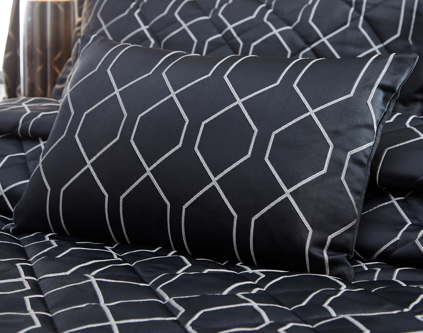 Jacquard Geometric Filled Boudoir Cushion Meyer Black Silver
