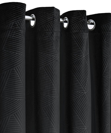 Geometric Velvet Thermal Blackout Curtains Eyelet Ring Top 66x72" Black
