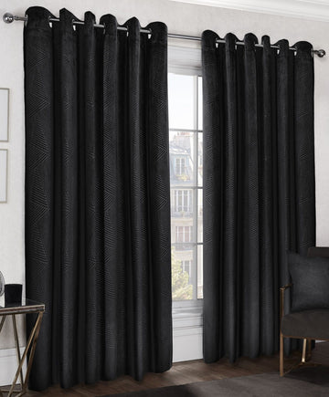 Geometric Velvet Thermal Blackout Curtains Eyelet Ring Top 46x54" Black