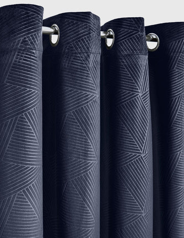 Geometric Velvet Thermal Blackout Curtains Eyelet Ring Top 46x54" Navy