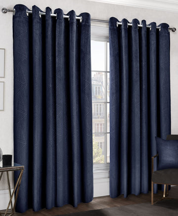 Geometric Velvet Thermal Blackout Curtains Eyelet Ring Top 46x54" Navy