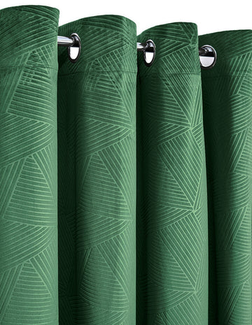 Geometric Velvet Thermal Blackout Curtains Eyelet Ring Top 66x90" Emerald Green