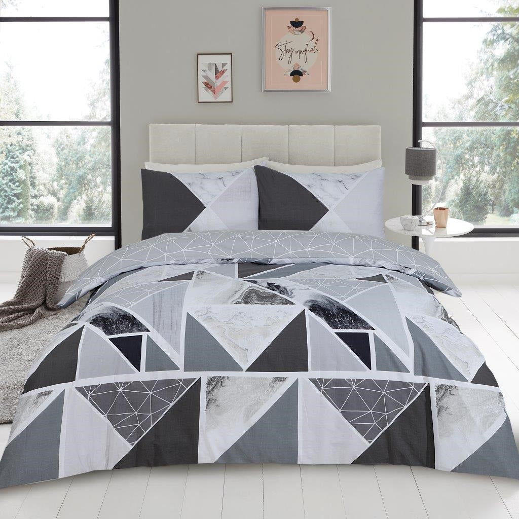 Mila Triangles Marble Stripes Charcoal Grey Double Duvet Cover Set