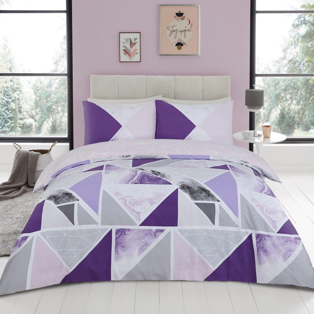 Mila Triangles Marble Stripes Purple Grey Double Duvet Cover Set