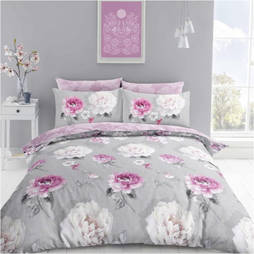 4pcs Country Roses Duvet Cover Set + Fitted Sheet, Double, Grey & Pink