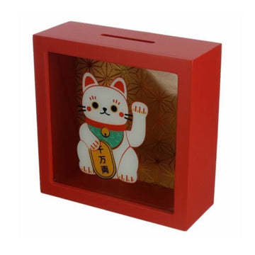 Lucky Cat Money Box Maneki Neko Piggy Bank Wooden Novelty Square Savings Red Box