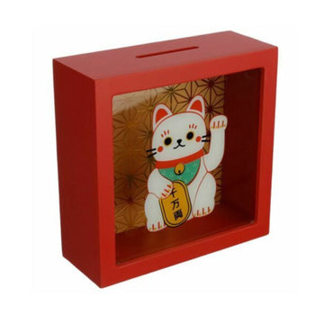 Lucky Cat Money Box Maneki Neko Piggy Bank Wooden Novelty Square Savings Red Box