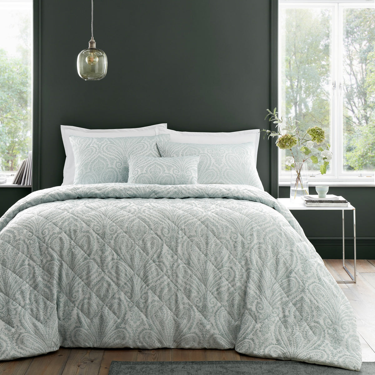 Jacquard Paisley Quilted Bedspread Throwover, Montpellier Green