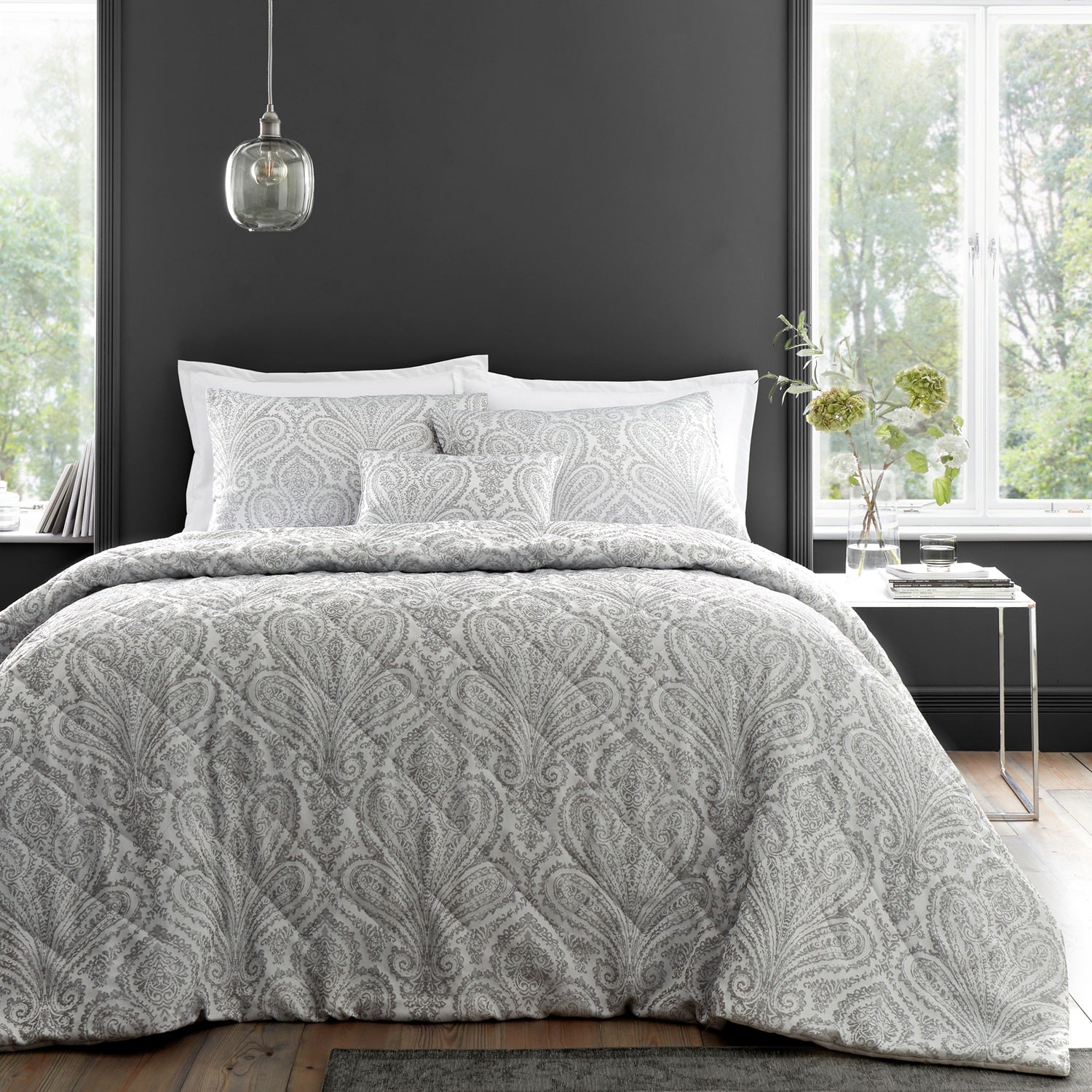 Jacquard Paisley Quilted Bedspread Throwover, Montpellier Silver Grey