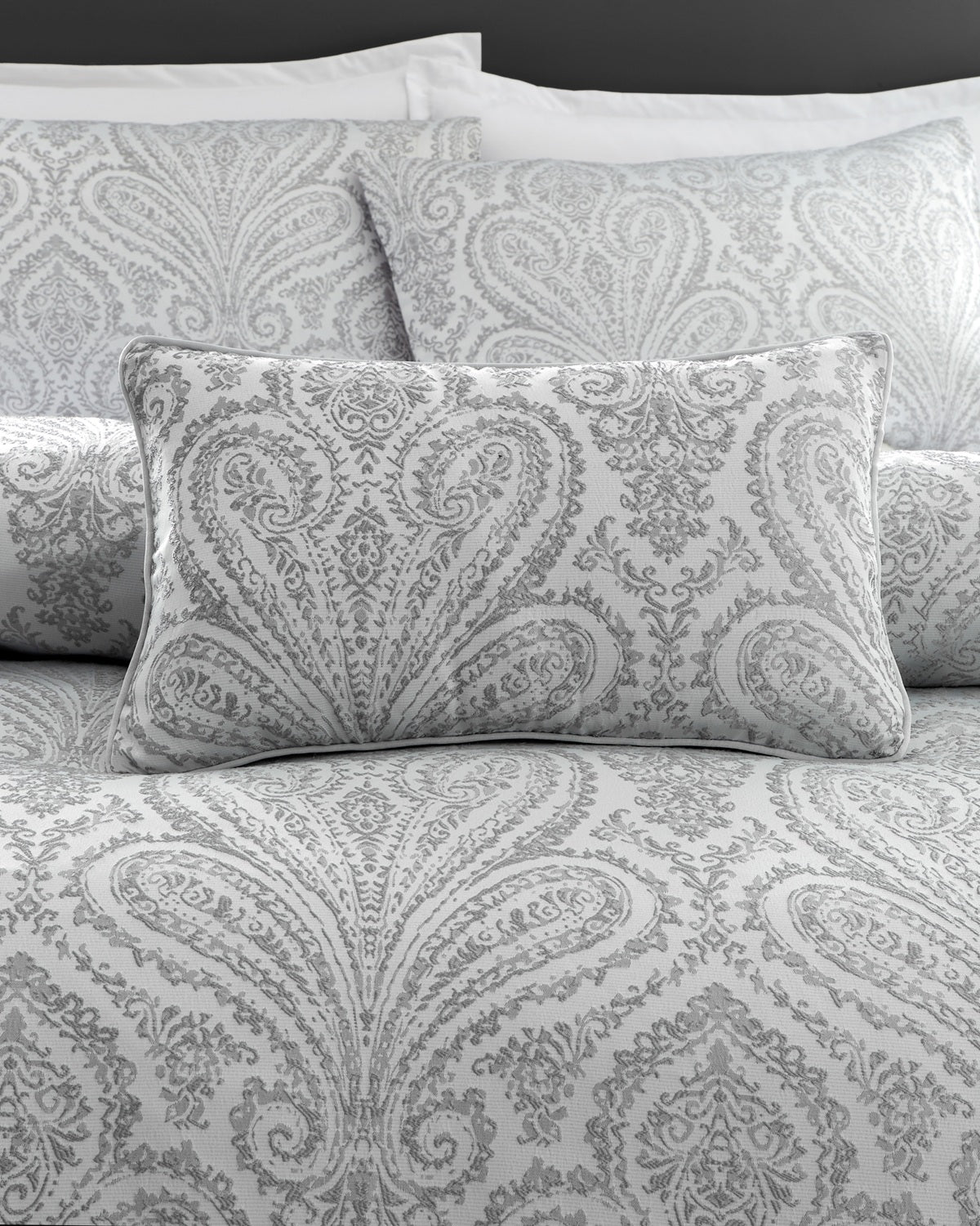 Jacquard Paisley Boudoir Filled Bed Cushion, Montpellier Silver Grey