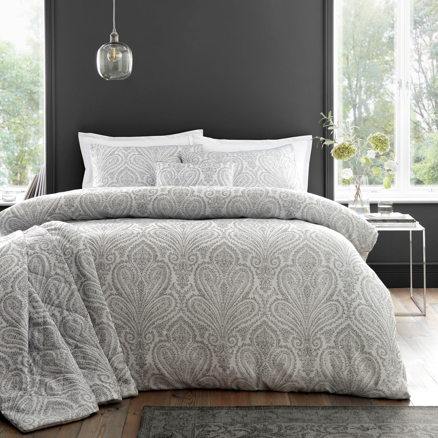Jacquard Paisley Duvet Cover Set, Double, Montpellier Silver Grey