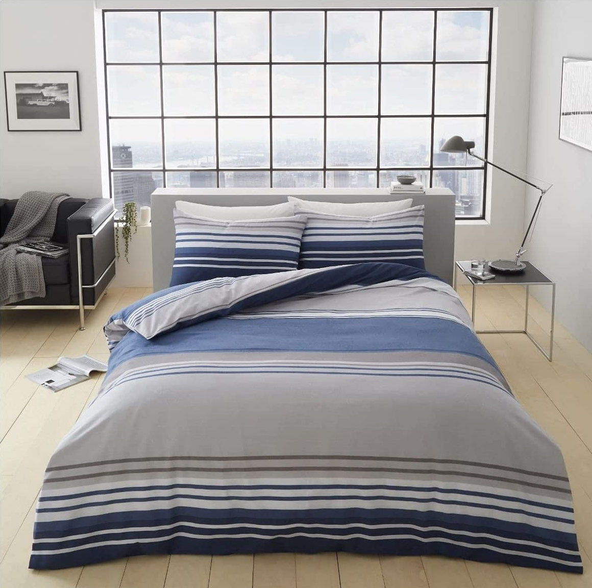 Striped Navy Blue Duvet Cover Luxury Bedding Set - Double