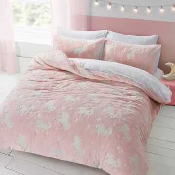 Rainbow Unicorn Teddy Fleece Duvet Cover Set, Single, Pink