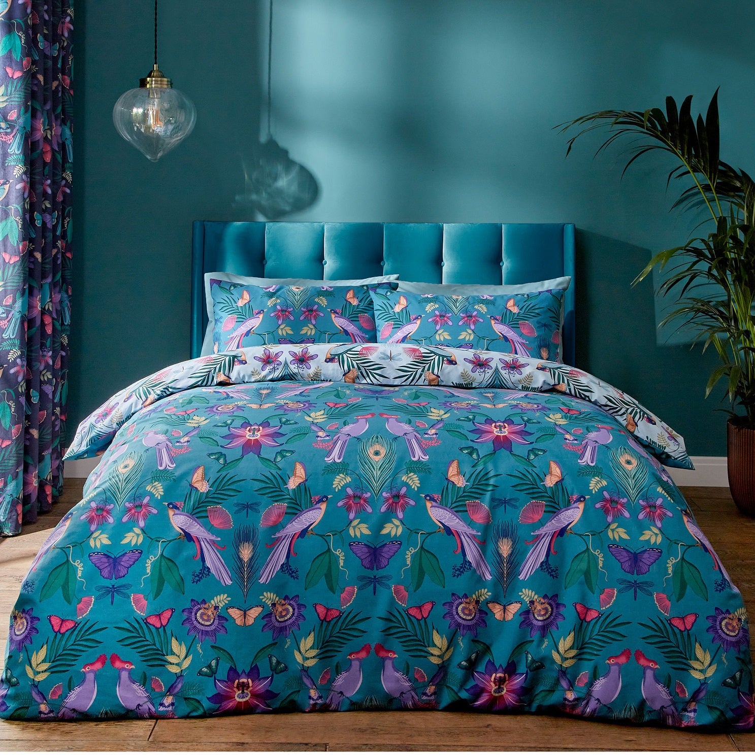 Catherine Lansfield Mya Tropical Birds Duvet Cover Set, King, Duck Egg