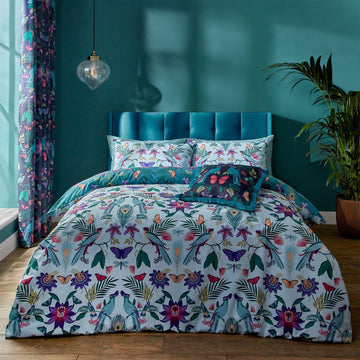 Catherine Lansfield Mya Tropical Birds Duvet Cover Set, Double, Duck Egg