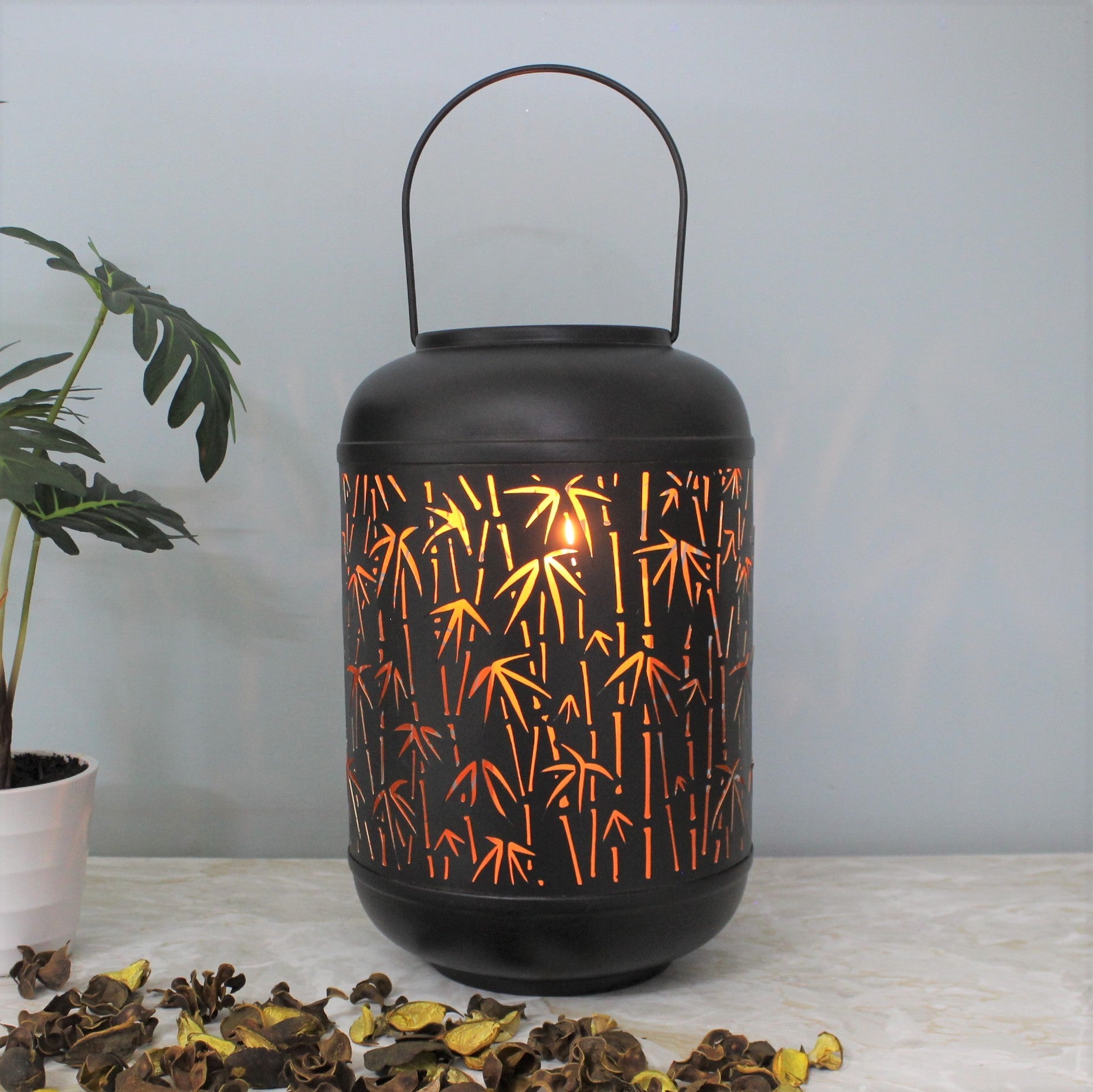 31cm Black Bamboo Large Candle Lantern