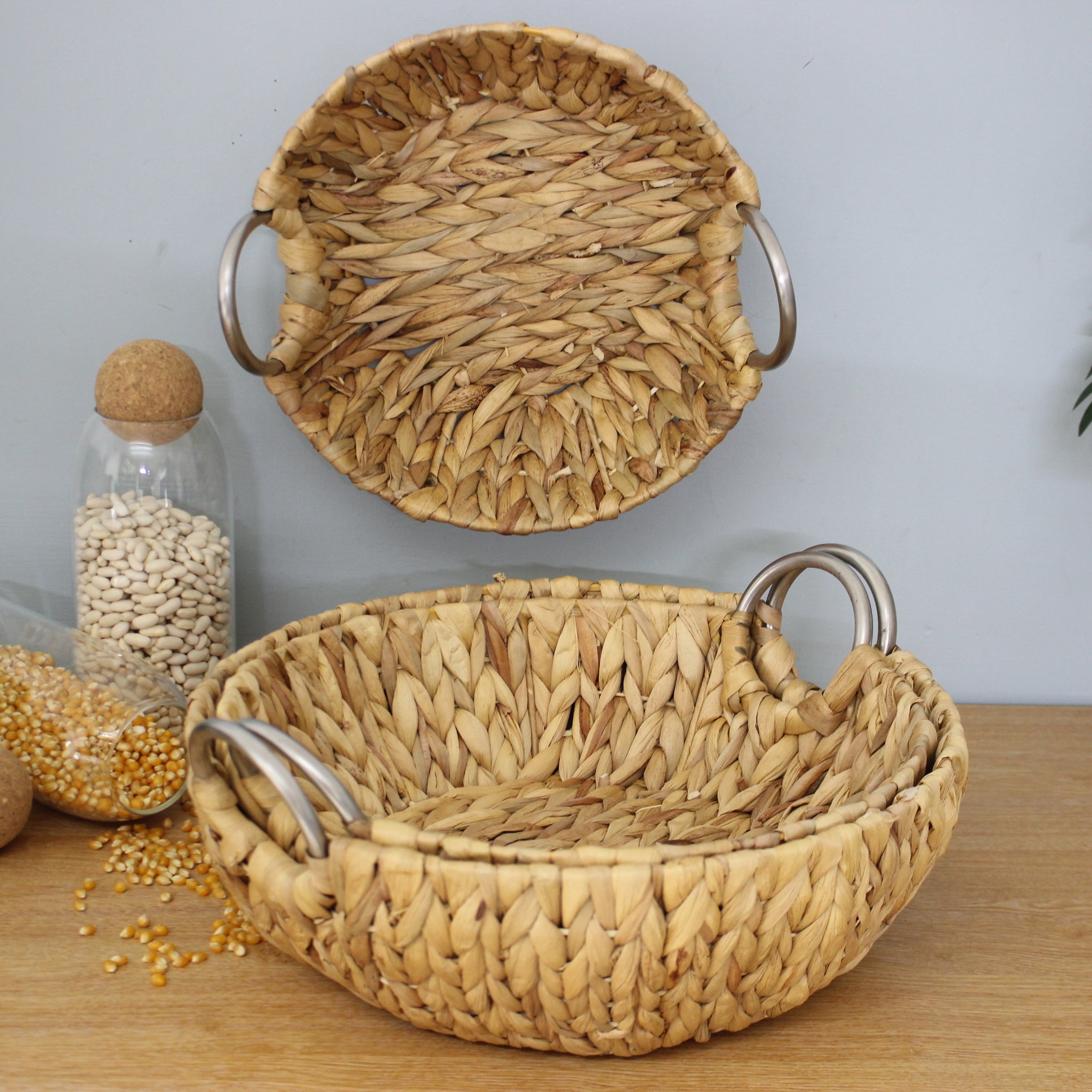 3Pcs Natural Waterhyacint Round Tray With Metal Handle