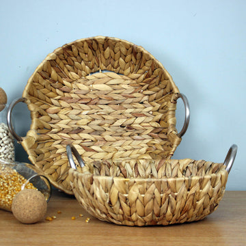 3Pcs Natural Waterhyacint Round Tray With Metal Handle