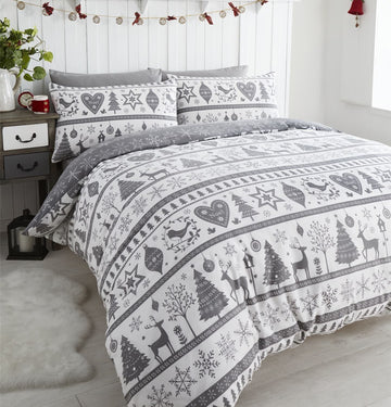 Grey Luxury Reversible Noel Double Duvet Cover Set