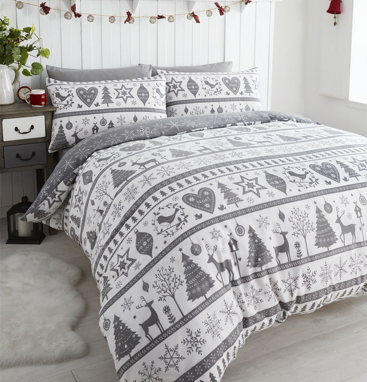 Grey Luxury Reversible Noel King Duvet Cover Set