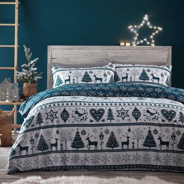 Teal Green Luxury Reversible Noel Double Duvet Cover Set