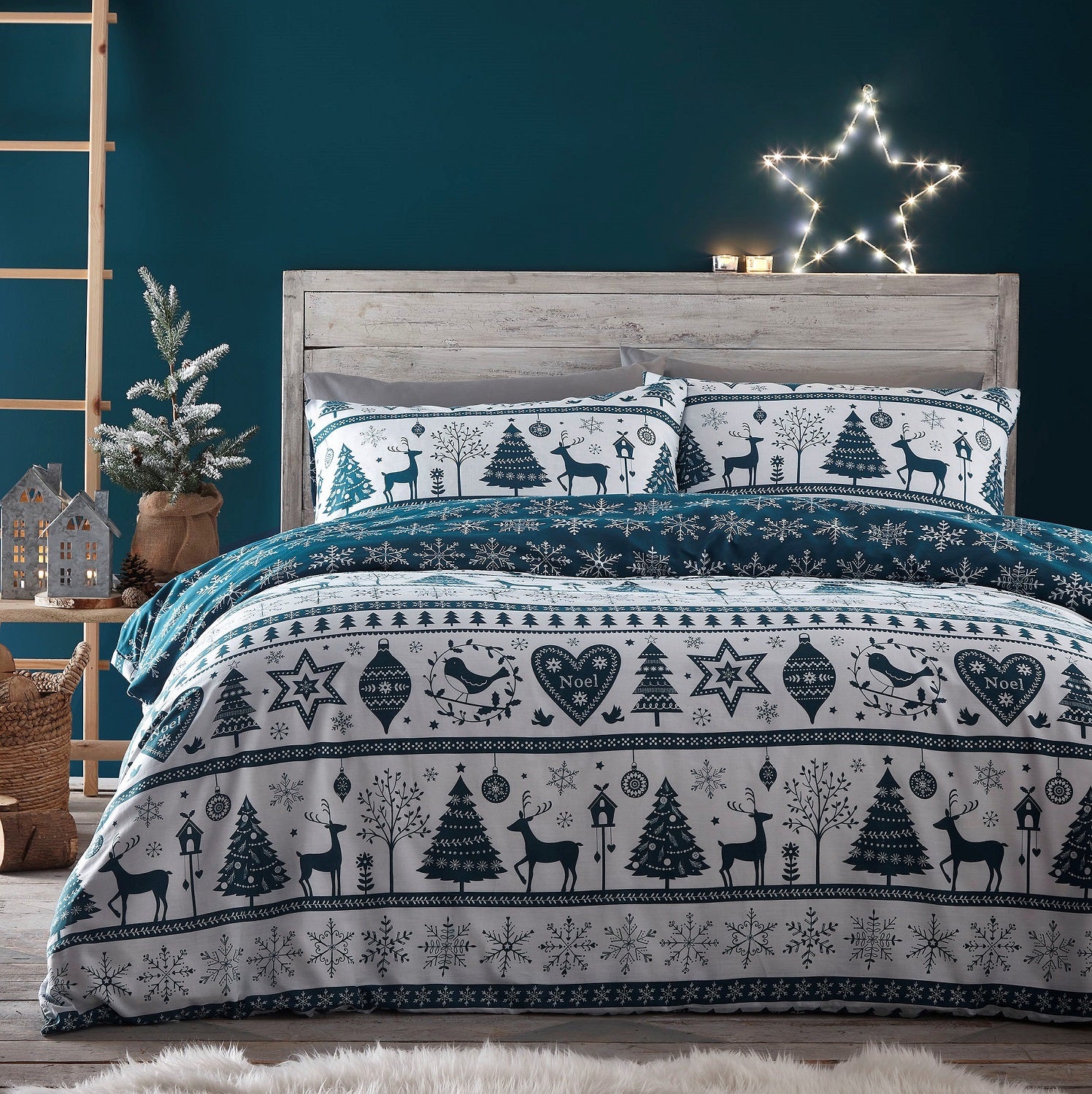 Teal Green Luxury Reversible Noel Single Duvet Cover Set