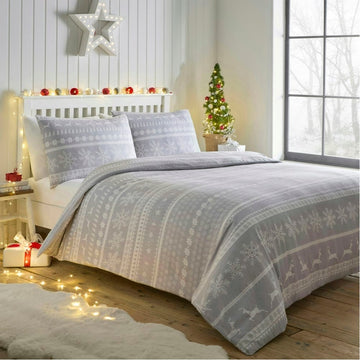 Nordic Stripe Flannelette Brushed Cotton Duvet Cover Set, Double, Grey