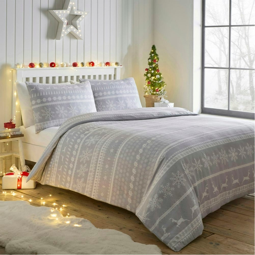 Nordic Stripe Flannelette Brushed Cotton Duvet Cover Set, Super King, Grey