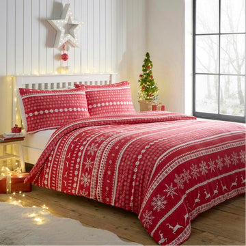 Nordic Stripe Flannelette Brushed Cotton Duvet Cover Set, Double, Red