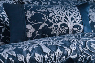 Luxury Jacquard Oak Tree Filled Boudoir Cushion - Navy Blue