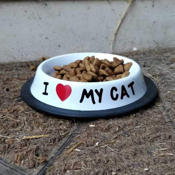 I love My Cat Pet Stainless Steel Saucer Food Water Dish Bowl Pet Feeding Plate