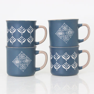 Set of 4 Assorted Blue White Coloured Design Stoneware Mugs