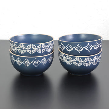 Set of 4 Assorted Blue Ethnic Design Stoneware Serving Bowls